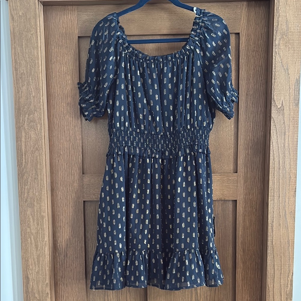 Navy Blue Dress with Gold Accents